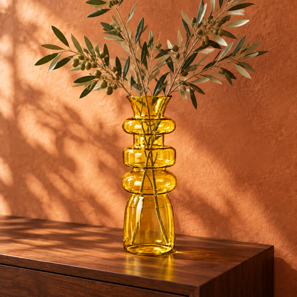 The yellow Cero 1 glass vase styled on a walnut console in warm sunlight