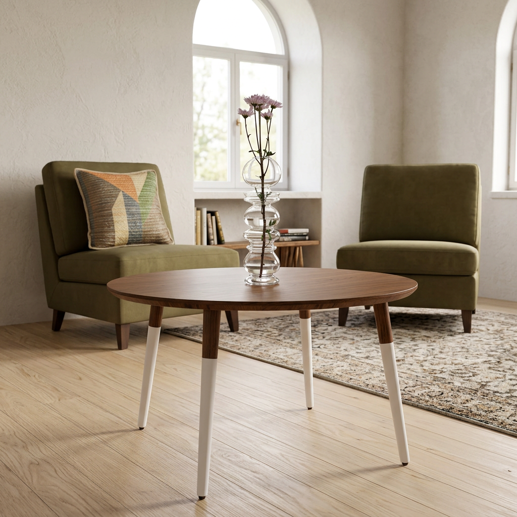 Walnut coffee table styled with Room No.9 cushion and glass vase in a reading lounge