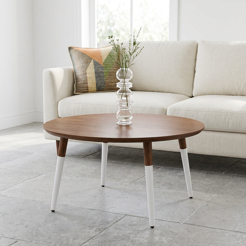 Walnut coffee table styled with Room No.9 cushion and glass vase in a sofa setting