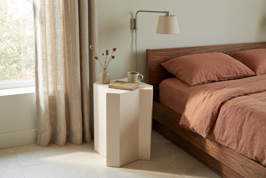 White Mamluk side table in a naturally lit bedroom with terracotta bedding