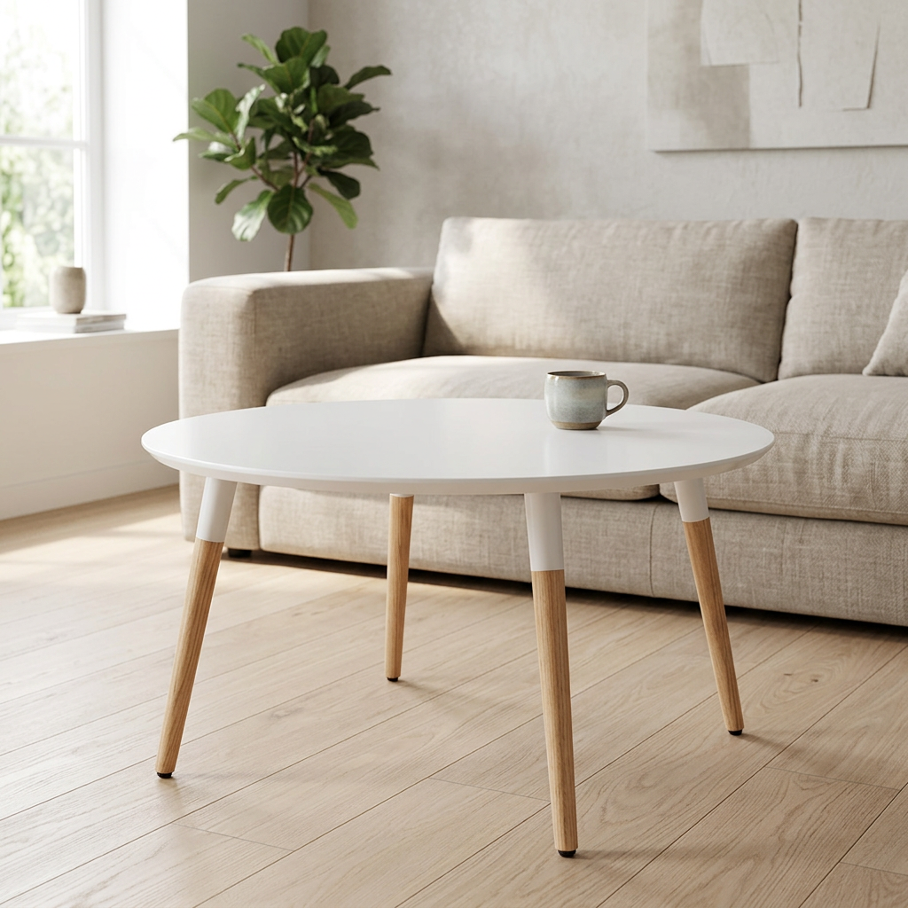 White top coffee table styled beside a sofa in natural morning light