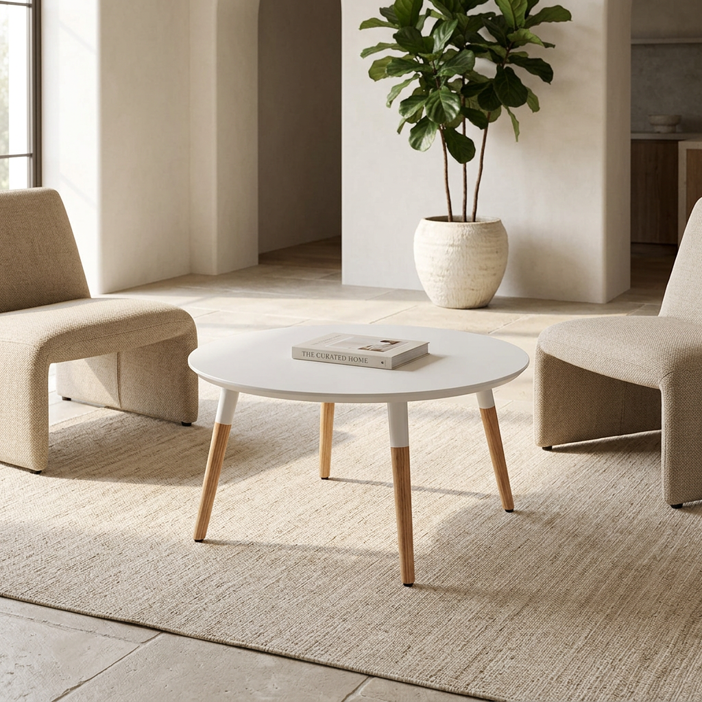 White top coffee table styled between lounge chairs in natural afternoon light